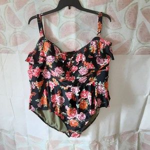 Terra & Sky Womens Floral Ruffled 1 PC Swimsuit Plus 5X (32W-34W) Bandeau Lined!
